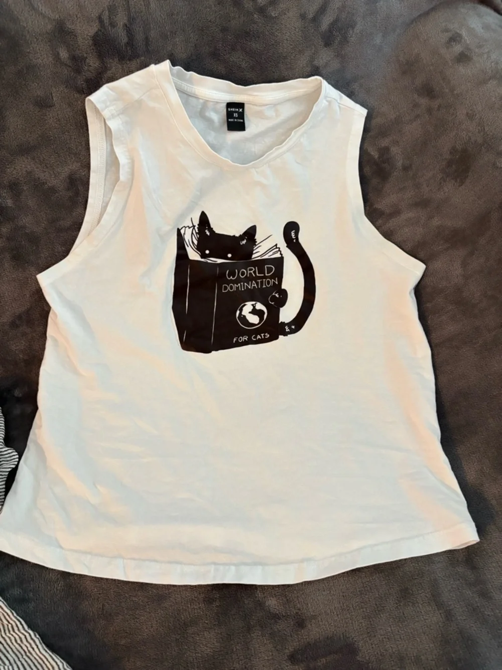 SHEIN White Sleeveless Tank with Black Cat 'World Domination' Graphic